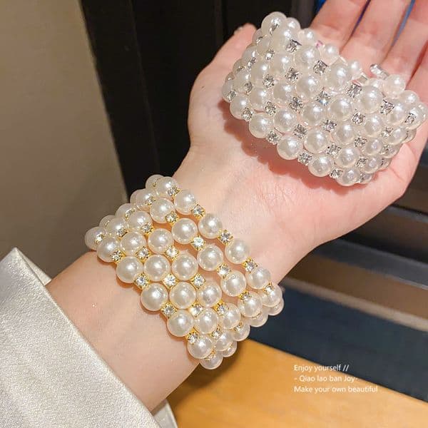 Diamond Studded Pearl Bead Multi Layer Open Bracelet Light Luxury Bracelet Fashionable And Exquisite Temperament Versatile Handmade Accessories