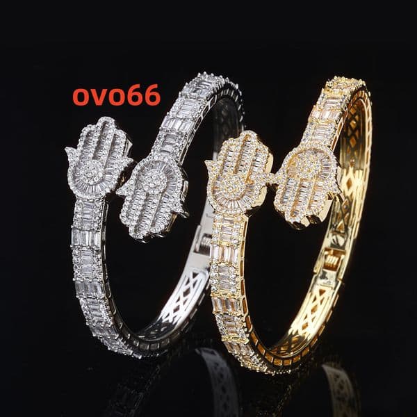 Micro Pave Baguette CZ Stone Iced Out Hamsa Hand Charm Bracelets Gold Plated Brass Jewelry for Men and Women for Parties