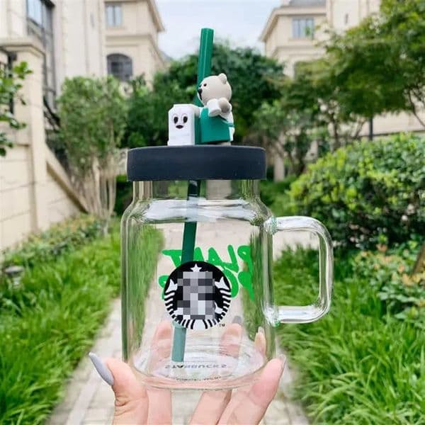 600ml Transparent Glass Mug with Straw Apron Bear Mason Cup Environmental Season Green Handy