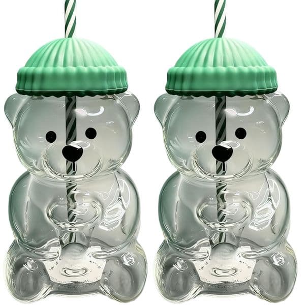 New For Starbucks Cute Animal Bear Straw Glass Transparent Glass For Men Women Birthday Christmas Gift Milk Tea Cup With Straw