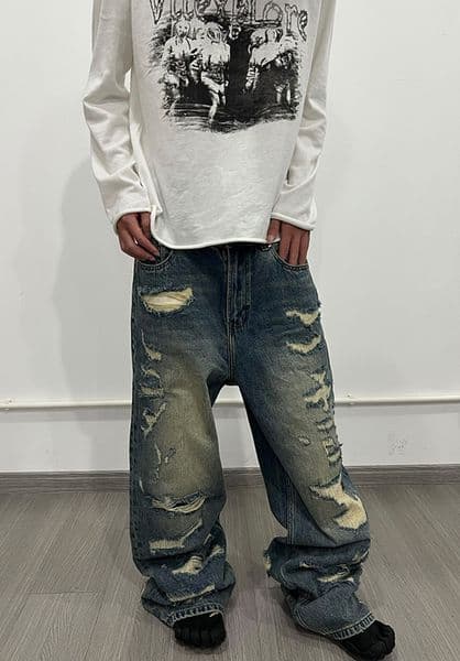 Men's Jeans Viiexplore ten thousand needle large destructive knife cuts through holes water washes to make old micro horn straight tube loose jeans for men and women