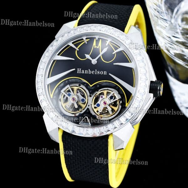 Automatic Movement Man Watches Diamond bezel Double Tourbillon Wristwatch Yellow Sports Rubber Strap Mens Watches Skeletal Face Gift Clock Mechanische uhr 44MM