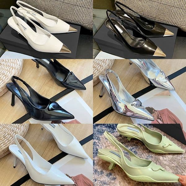 Designer High Heels Leather Dress Shoes Pointed Toes Slingback Heels Metal Triangle Women Pumps Sandal Black Silver White Party Shoe 730