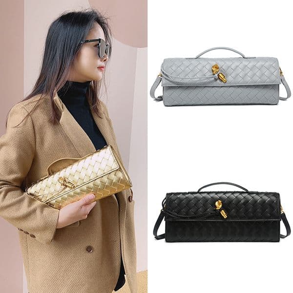 Luxury PU Evening Woven Clutch: Handcrafted, Metal Clasp Front Flap Lock ,Chic Grid with Golden Hardware - Elegant Small Square Shoulder & Crossbody Bag Women Leather Bag