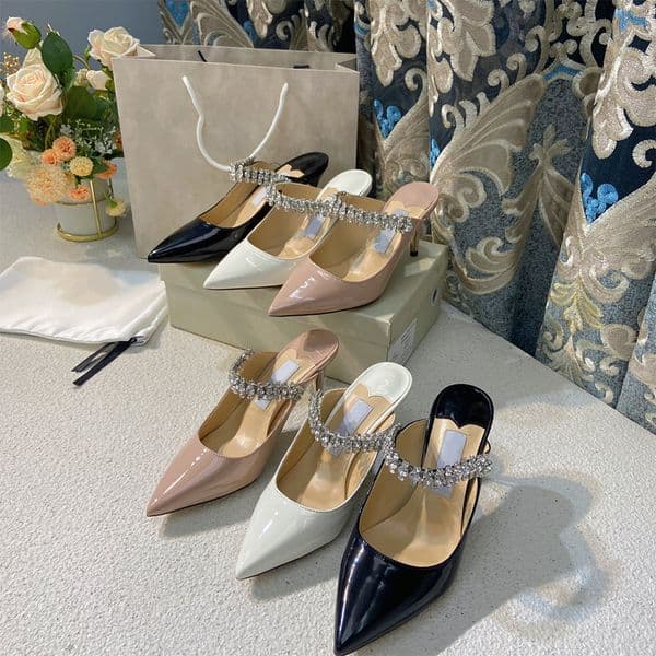 Patent Leather Flat Mules Designer Saeda Pumps Crystal High Heels Sexy Slingbacks Shoes Pointed Toe party Dress shoe 735