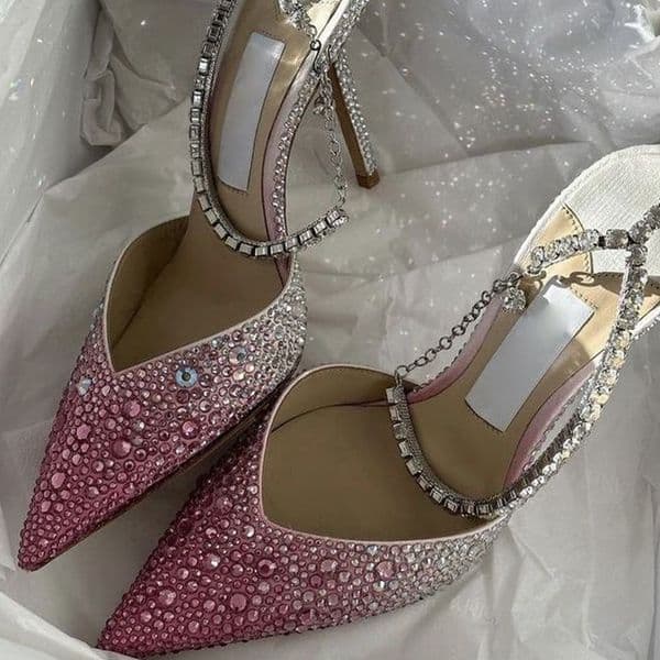 Diamond -Embellished with chain crystal Rhinestone high-heeled sandals Slingback Pointed Toes heels women's luxury Brand 8.5 cm High factory footwear