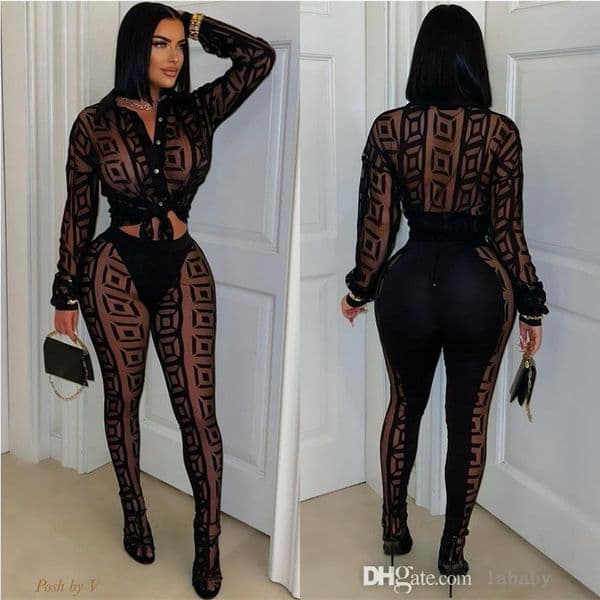 2025 Spring Summer Womens Tracksuit Pants Sets Printed Mesh Perspective Two Piece Set Women Long Sleeve Shirt Blouses And Trousers 2Pcs Suit