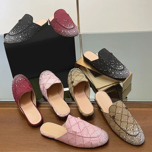 Mens Mules With Rhinestones Loafers Canvas Slippers Princetown Crystal Causal Mule 737