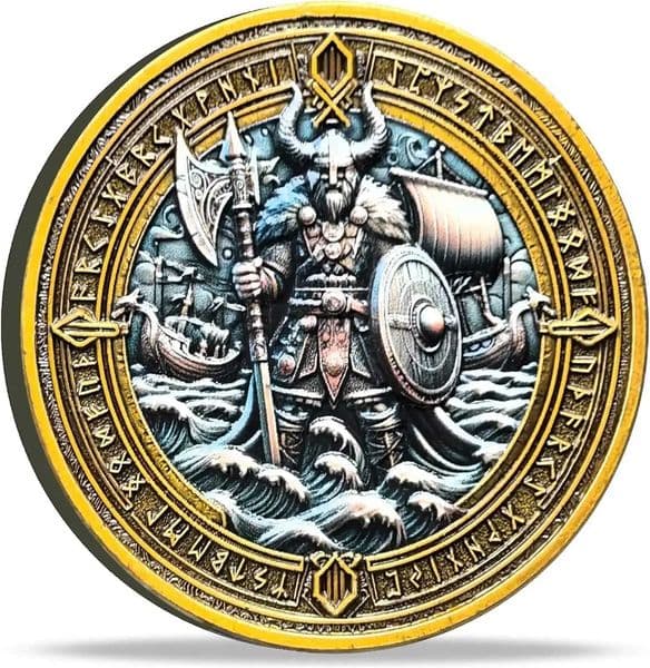 Viking Warrior and Mjlnir Challenge Coin - Intricate Norse Mythology Design with Runic Inscriptions W250207