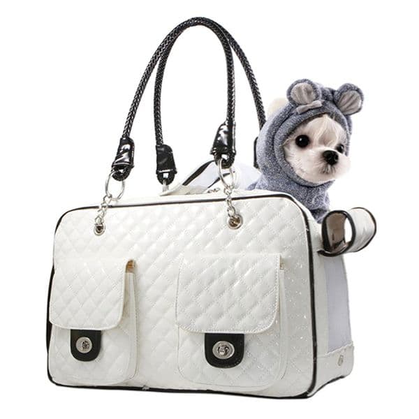 Luxurious Pet Carrier, Small Dog Carrier Two Snack Pockets, Waterpro of Shiny Leather Cats Carrying Handbag with Breathable Mesh for 8 LBS Dogs White C6
