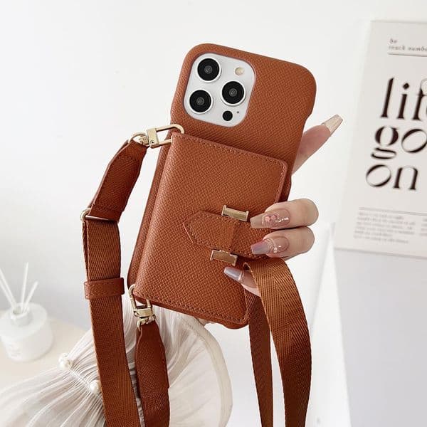 Luxury Leather Card Holder Designer Phone Case for Apple iPhone 16 Pro Max 15 14 13 12 Crossbody Wallet Shoulder Strap Hardware Back Cover Coque Funda Brown Horizontal