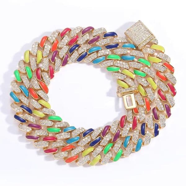 New Hip-Hop Colorful 12 mm Cuban Chain Necklace Enamel Oil Drop Hip Hop Rainbow AAA Zircon Bracelets Jewelry