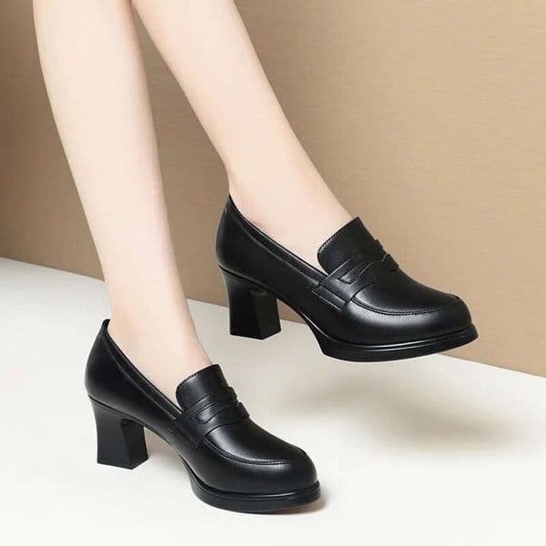 Fashion Comfortable Black Soft Leather Deep Mouth Spring 2024 Block Heels Shoes Women for Office Mom Model Versatile #ddmykukumalu