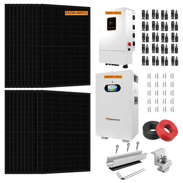 20KW Hybrid Solar Power System Complete Kit 3Sets 51.2V 314Ah 16kwh Battery 40PCS 550W Solar Panel2Sets 10KW Hybrid Inverter