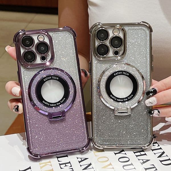 Four Corner Bling Glitter Hard Arcylic Ring Stand Magnetic For Magsafe Wireless Charging Cases With Camera Lens Protector For iPhone 16 16e 15 14 13 12 11 Pro Max Plus