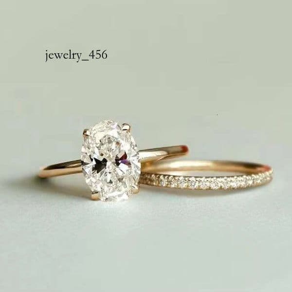 FOXI 2 Ct Oval Cut Moissanite Wedding 14k Gold Plated Bridal Engagement Set Art Deco Matching Stacked Bands Ring