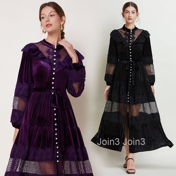 Autumn/Winter New Womens Velvet Vacation Fairy Style Long Dress with Waist cinching Style Dress
