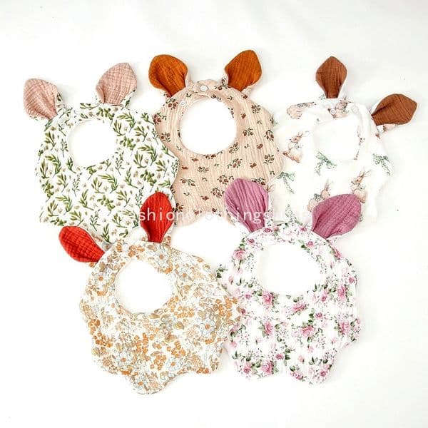 Baby Bibs Cotton Floral Printed Rabbit Ear Baberos Bebe Newborn Items Feeding Drool Bibs Infant Pinafores New Born Slabbetjes