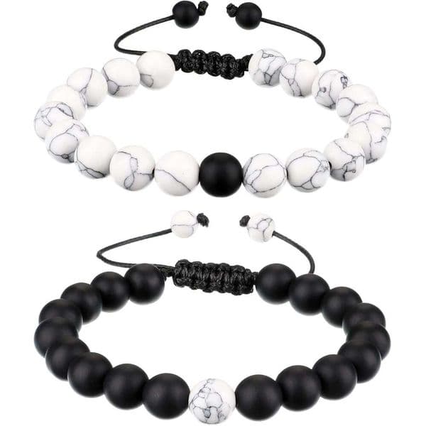 Howlite Black Matte Agate Bracelet for Couples Long Distance 8mm Beads Jewelry Adjustable His and Her Friendship Gifts