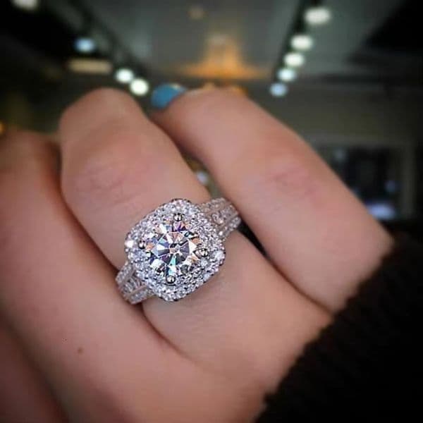 2.48 TCW Colorless Round Cut Moissanite Halo Ring 14K White Gold Wedding Band