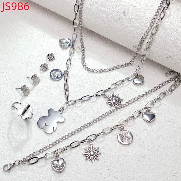 Fashion Women Men Silver Gold Stainless Steel Bear Span Chain Letter Bracelet Pendant Earrings Sets Jewelry