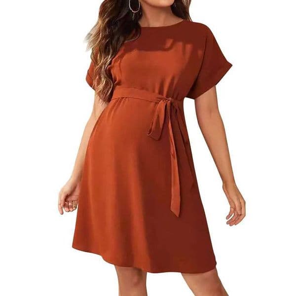 A casual and comfortable maternity gown with a tied waist a modern and fashionable expected mothers clothing X250224
