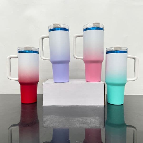 20 pack China warehouse gradient white ombre colored powder coated blue plated underneath 40oz H2.0 tumbler mugs with lid and straw for laser engraving