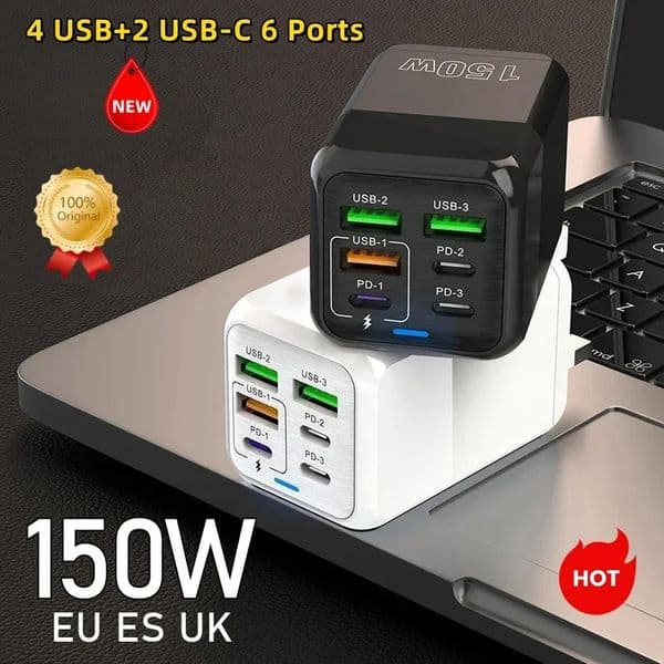 150W USB-C Fast Charger with 6 Ports - Supports PD & QC 3.0 for iPhone, Samsung, iPad, Xiaomi, Huawei, OnePlus, Wall Charger Universal for Various Smartphones and Tablets