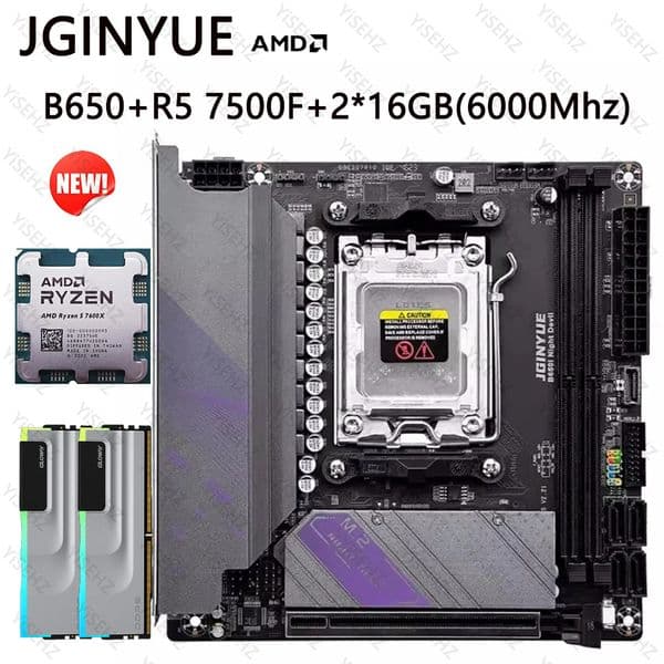 JGINYUE B650 ITX Motherboard Set AMD R5 7500F CPU AM5 LGA1700 2*16GB 6000Mhz DDR5 Dual Channel Memory RAM B650i Night Devil