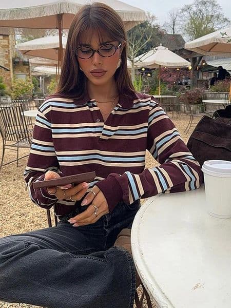 Women's T-Shirt Womens T Shirts Fashion Stripe T-shirt Casual Long Sleeve Female All Match Polo Shirt 2025 Spring Ladies Loose Tops High Street