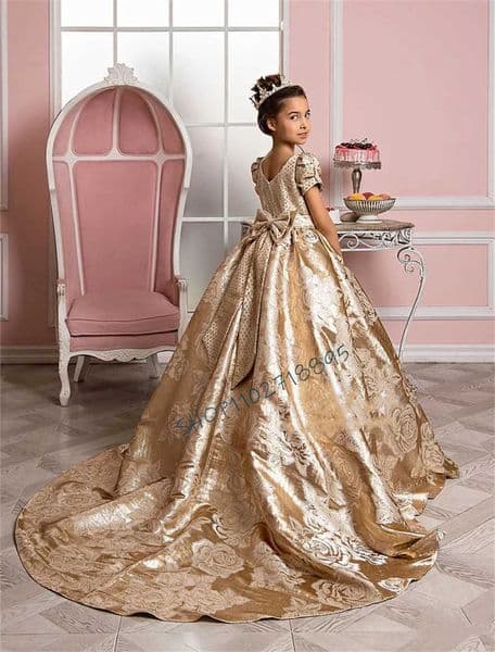 Luxury first-line gold flower womens dress floor length bow satin sequin dress used for weddings first Communion dress ball dressXJ250228
