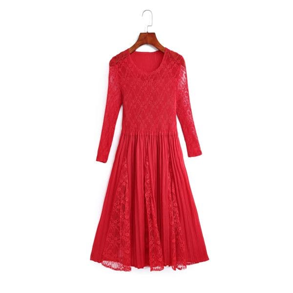 (137) Women's dress Miyake round neck three-quarter sleeves loose waist stitching lace Ankara red dress