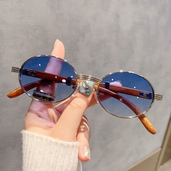 New Style Imitation Wood Grain Men Oval Sunglasses for Women Trendy Fashion UV Protection Metal PC