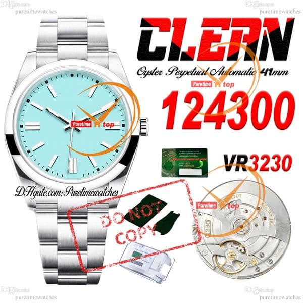 124300 41mm VR3230 Automatic Mens Watches Clean CF Polished Bezel Ice Blue Stick Dial 904L Steel Bracelet Same Serial Card CHS Puretimewatches Reloj Hombre