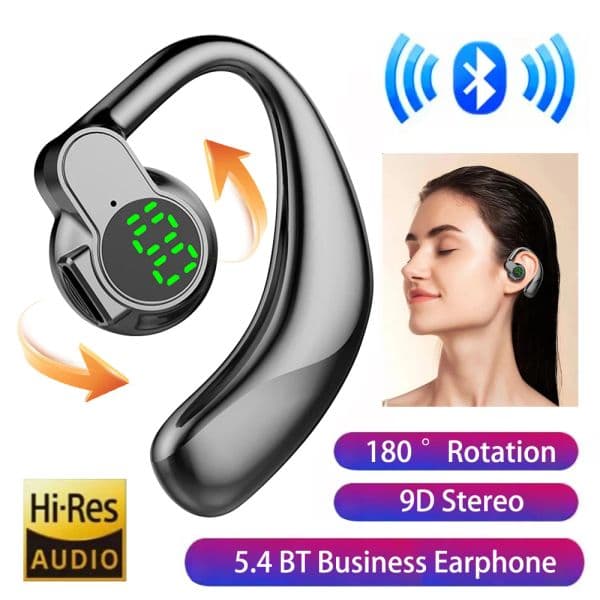 New 180°Wireless Headphone Earphone Bluetooth 5.4 Earbuds Headsets Handsfree Noise Canceling Rotatable Sport Digital Display Earhook Single Ear for IOS Android