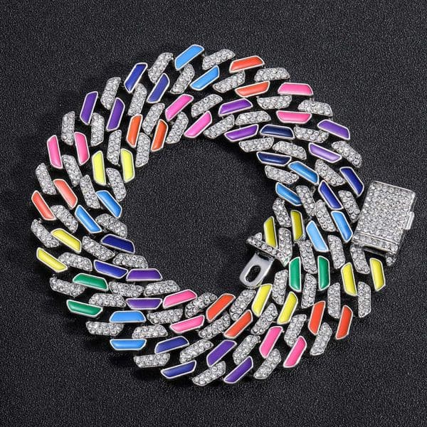 Hip hop Necklace colorful oil drop color 12mm CUBAN CHAIN rainbow diamond Cuban diamond necklace Moissanite pendant