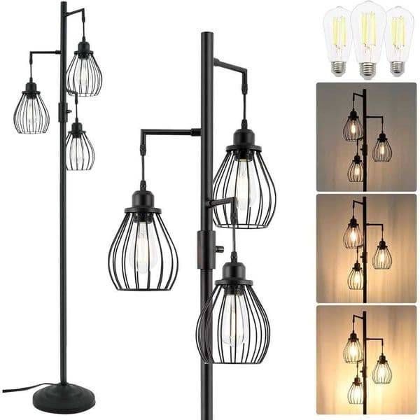 68.5 Dimmable Floor Lamp Industrial Farmhouse Floor Lamps with Elegant Teardrop Cages Rustic Floor Lamps Black Tall Vintage W250607