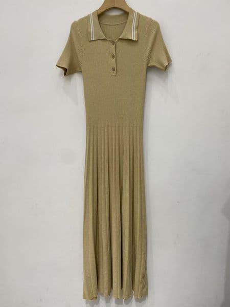Summer new style slim fit fashionable 2025new temperament POLO collar cinched waist slimming short sleeved knitted pleated dress