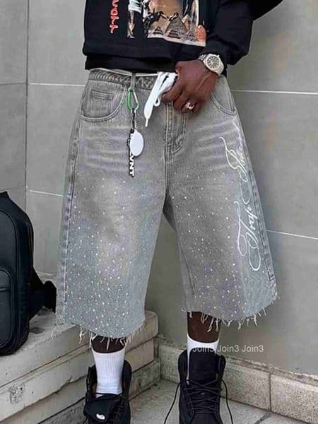 Mens Stylish Knee-length Denim Shorts with Embroidered and Rhinestone Detailing for Summer Casual Wear