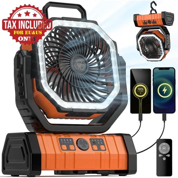 DHCP Rechargeable Battery Powered Fan, 20000mAh Portable Camping with Adjustable Head, 4 Speeds LED Light, Quiet Outdoor Fan for Tent, Desk, Travel, Home Use