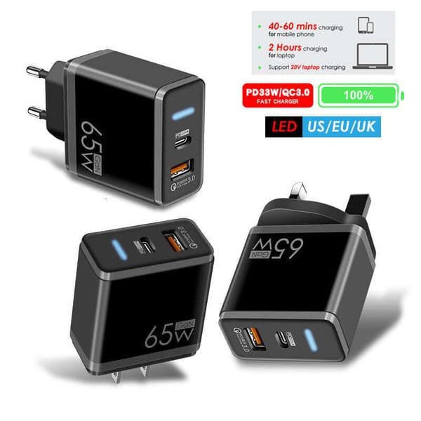 65W Charger UK Standard Fast Charging QC3.0 Compatible with Laptop Tablet Power Supply GaN Adapter