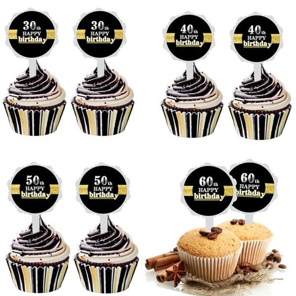 6Pcs Number 30 40 50 60 Cupcake Toppers Cake Dessert Decor for 30th 40th 50th 60th Birthday Party Decoration
