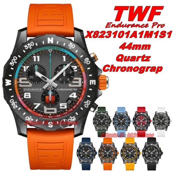 TWF Watches TW 44mm Endurance Pro Chronograph Quartz Mens Watch Gray Dial Orange Rubber Strap Gents Wristwatches X823101A1M1S1