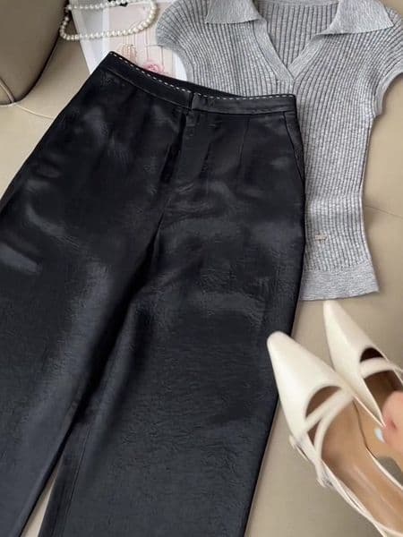 Xiaoxiangfeng Black Acetate Satin Pants Women's Ice Silk Loose Drop Versatile Straight Leg Wide Leg Pants
