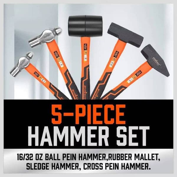 Hammer, Pein 5-Piece Set,16Oz Ball 32Oz Rubber Mallet 3Lb Sledge | 3Lbcross Peen Hammer , |