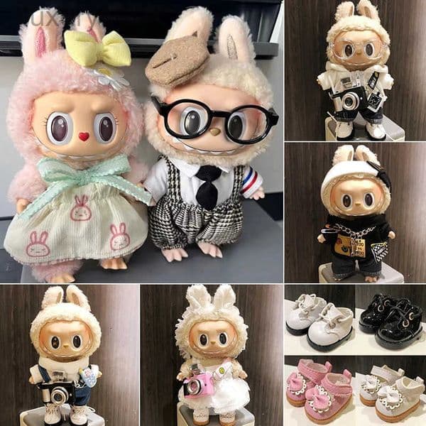 Designer keychain 17cm Labubu Cute Doll Fashion Clothes Cute Cloth Macaron Labubu Doll Blind Box Bubble Mart Doll Baby Clothing Accessories 240513