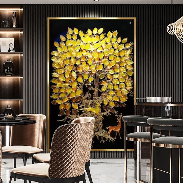 Golden Tree Enamel Decorative Painting Deer Glass Art Painting High end Wall Decoration Painting Factory direct sale