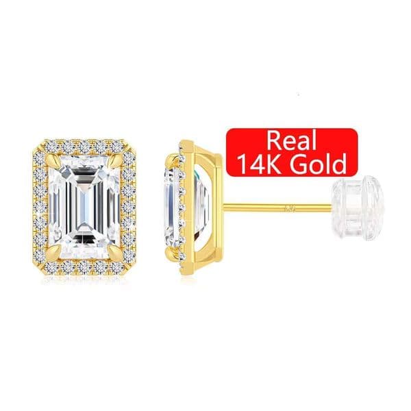Woman Luxury Halo Jewelry Style Engagement Mothers Day Gift Hollow 14K Gold 1 ct Emerald Cut Moissanite Stud Earrings