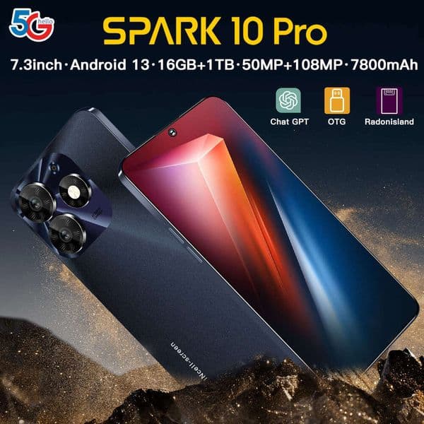 Spark10 Pro Phone Android 16+1T Side Fingerprint AI Smartphone (Powerful)