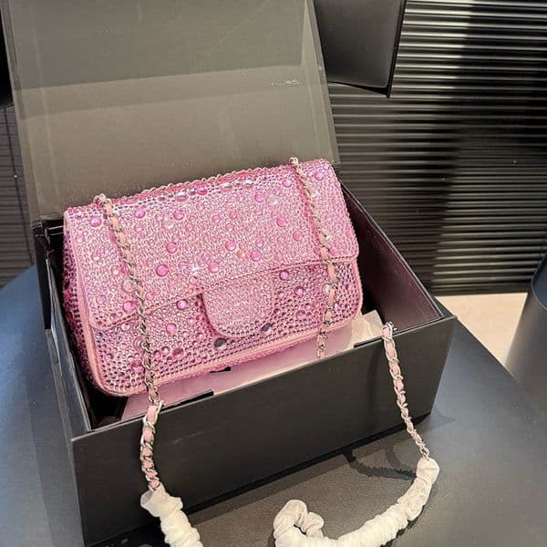 Bling Round Diamond Decoration Women Designer Shoulder Bag Classic Flap Silver Hardware Matelasse Chain Shiny Evening Cross Body Handbag Luxury Purse 20cm